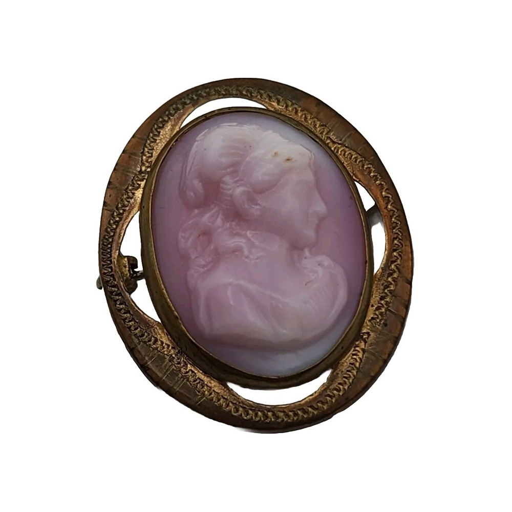 Vintage Cameo Victorian Pink Swirl Molded Glass Gold Tone Framed Brooch Gift